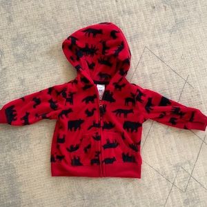 6month red and black woodland animal zip up.